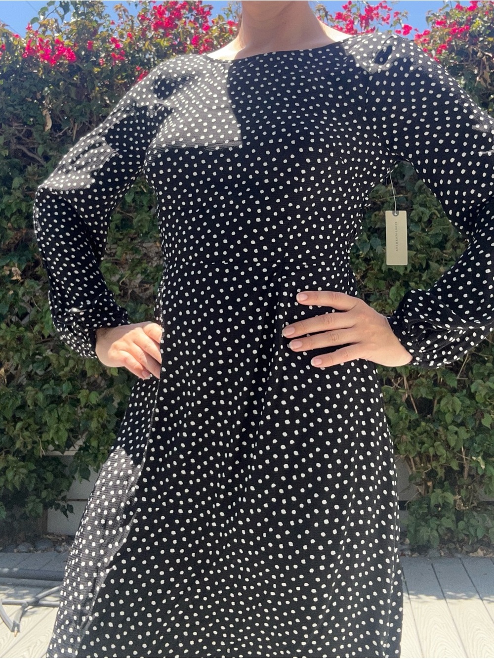 Anthropologie Black & White Polka Dot Long-Sleeve Midi Dress NWT